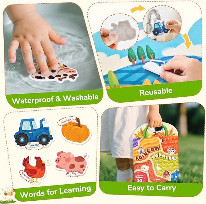 JoyCat Reusable Sticker Book - Jelly Animal Stickers for Toddlers, Kids Sticker Activity Book, Travel Toys for Road Trip, Car & Airplane, Educational Learning Gifts for Boys and Girls Ages 3-5 (Farm)