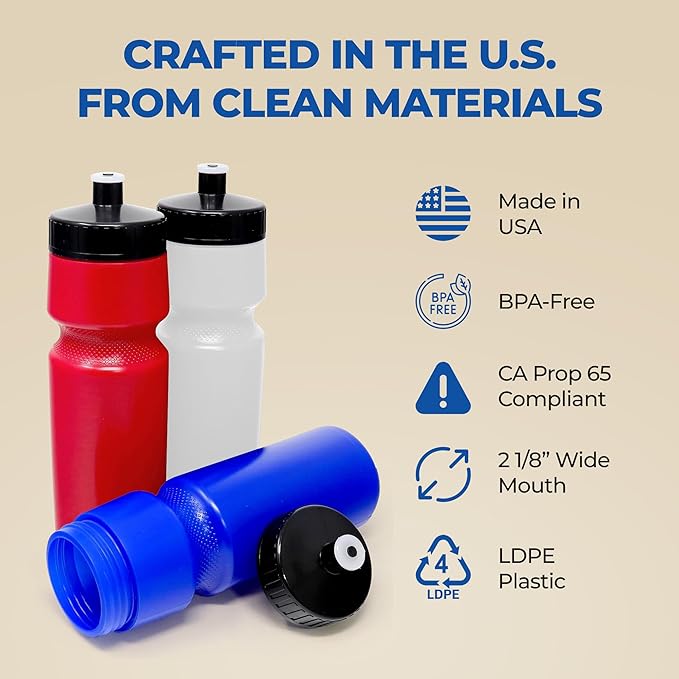 Rolling Sands USA Made Reusable 24 oz Sports Water Bottles, 8 Pack, BPA-Free, Easy Open Pull-Top, Fits Most Bike Cages, Dishwasher Safe, Lightweight - for Kids to Adults, Blue