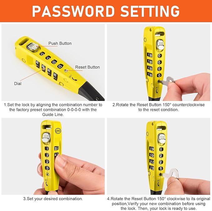 CXWXC Zip Tie Lock - 4-Digit Combo Cable Locks for Bike Motorcycle Helmet, Skateboard, Skis, Snowboard, Stroller & Cabinet - Ideal for Lightweight Security (Yellow, 45CM)