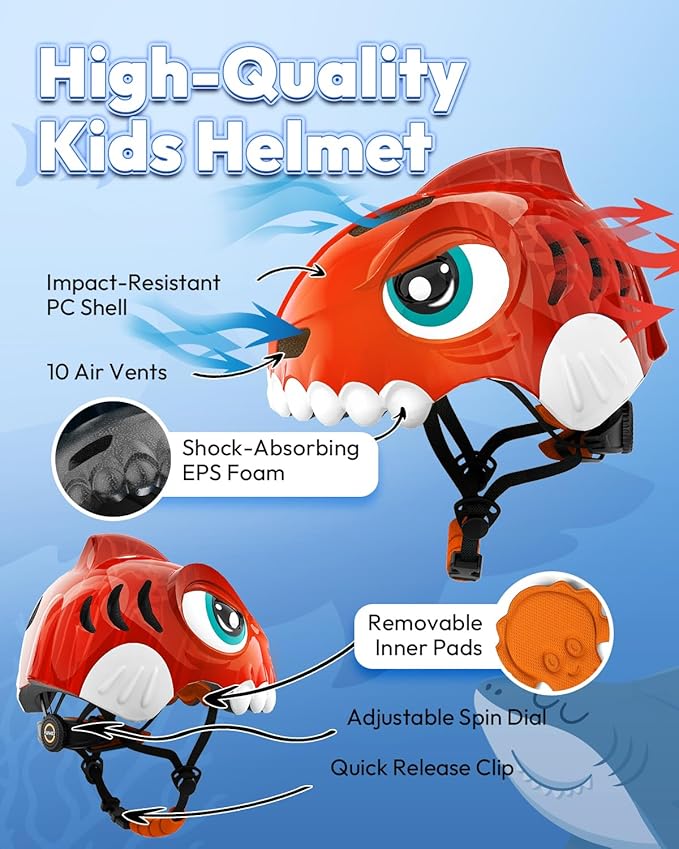 Bike Helmet for Kids 3-5-8 Toddler Bike Helmet Animal 3D Cartoon Boys Girls Safety Adjustable Kids Helmet and Pads Set for Cycling Scooter Skateboard