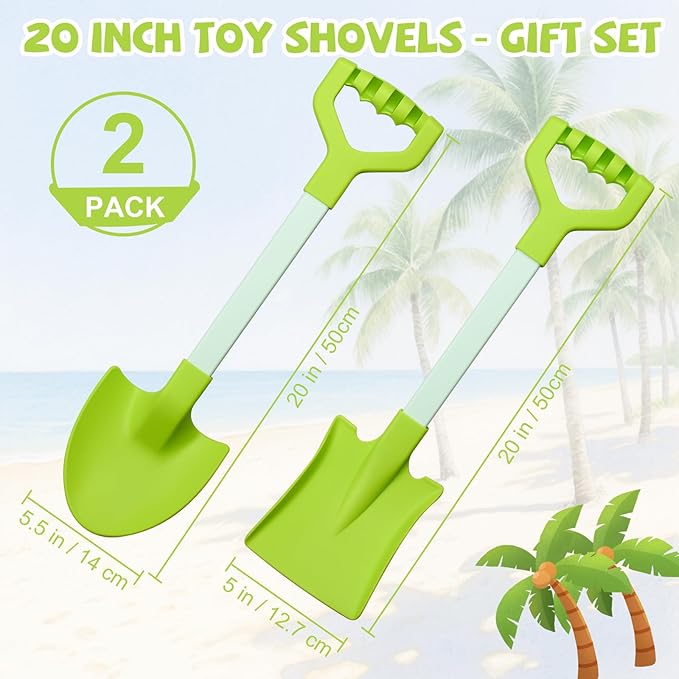 20” Long Sand Beach Shovels for Kids Heavy Duty Plastic Summer Sand Scoops Spades Toy Sandbox Garden Snow Digging Play Gift Set Party Bundle 2 Pack Green