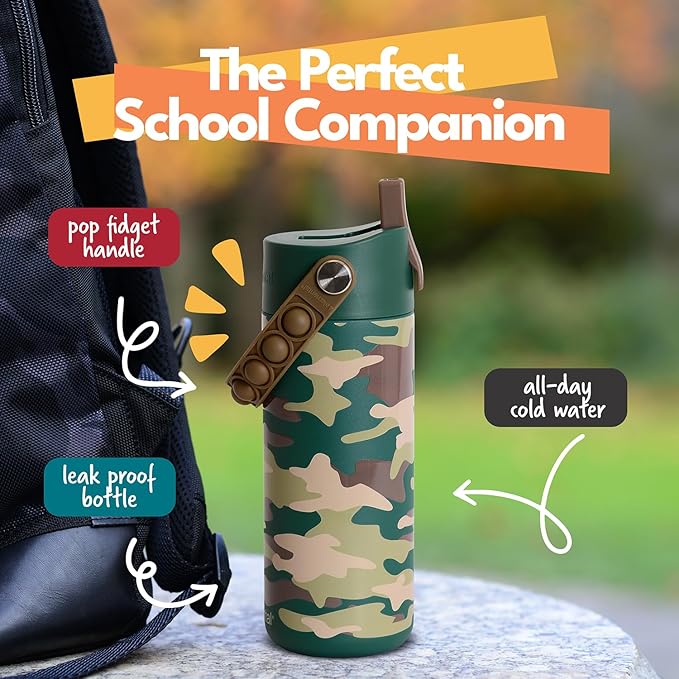 Elemental Insulated Kids Water Bottle, Stainless Steel Water Bottle with Straw Lid & Pop-It Handle, Leak-Proof Water Bottles for School, Boys or Girls, Travelling and Sports, 18oz - Green Camo