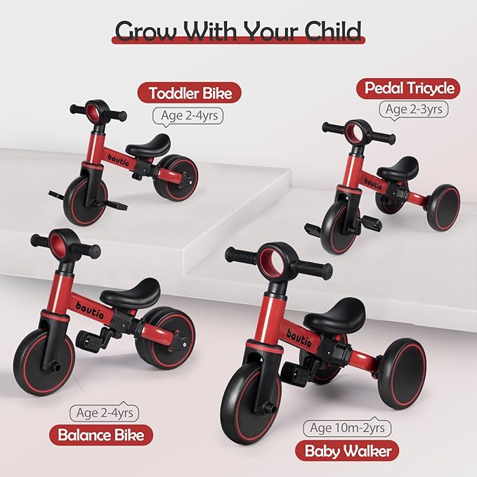 Tricycle for Toddlers 1-3, 4 in 1 Baby Balance Bike 1 2 Year Old Boy Girl Gift, Kids Bicycle Toy with Removable Pedals