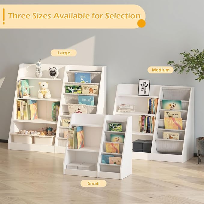 White Kids Bookshelf Wood Toy Storage Organizer Cabinet Children Bookcase Toddler Baby Sling Book Rack Adjustable Shelf for Playroom Bedroom Nursery Hallway School Kindergarten