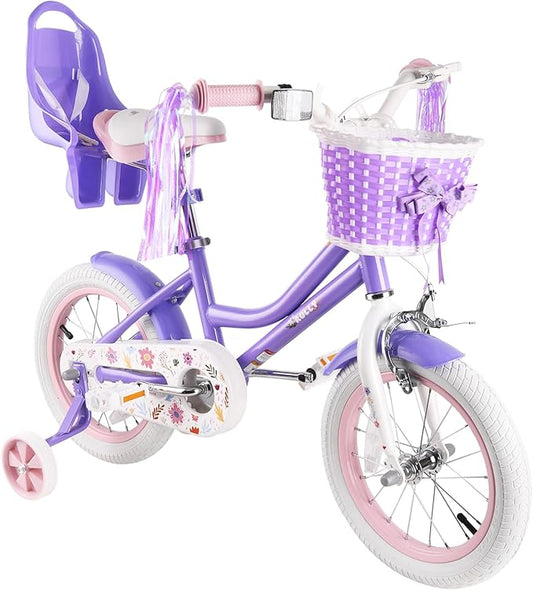 RULLY Daisy Kids Bike for Girls Ages 2-9 Years, 12 14 16 18 Inch Princess Girls Bicycle with Doll Bike Seat, Training Wheels, Basket and Streamers, Kids Cycle Bikes, Multiple Colors