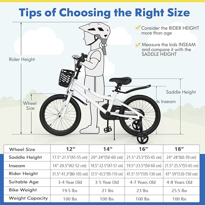 COSTWAY Kids Bike, 12 14 16 18 Inch Toddler Bike for Boys & Girls Aged 3-8 Years Old, Kids Bicycle w/Removable Training Wheels, Handbrake & Coaster Brake, Basket, Bell