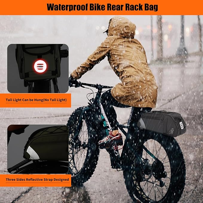Rear Bike Rack Bag, 13.5L Waterproof Bicycle Ebike Saddle Bag Bicycle Trunk Pannier Rear Seat Bag with Reflector, Cycling Bike Carrier Backseat Storage Luggage for Commuter Travel