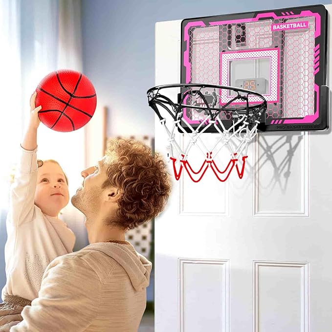 Indoor Basketball Hoop Toy for Girls - Basketball Hoops with Scoreboard&4 Balls, Backboard&Music Lights, Indoor Outdoor Basketball Sports Toys for Kids 4-8 8-12
