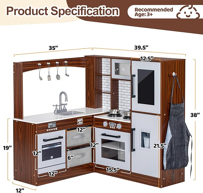 Corner Play Kitchen for Kids, Wooden Toddler Kitchen Playset w/Faucet, Sink, Microwave, Oven, Apron, Blackboard, Storage Cabinets, Pretend Cooking Toys w/Sound & Light Gift for Ages 3+