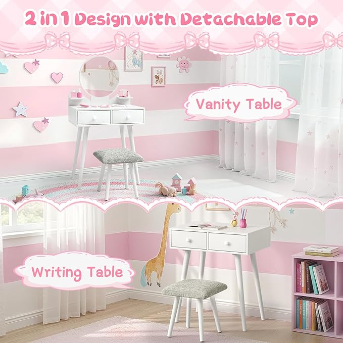Arlopu Kids Vanity Table and Chair Set, 2 in 1 Toddler Makeup Dressing Desk with Detachable Large Mirror and Stool, Drawers, Princess Wooden Pretend Play Toys for Little Girls (White)