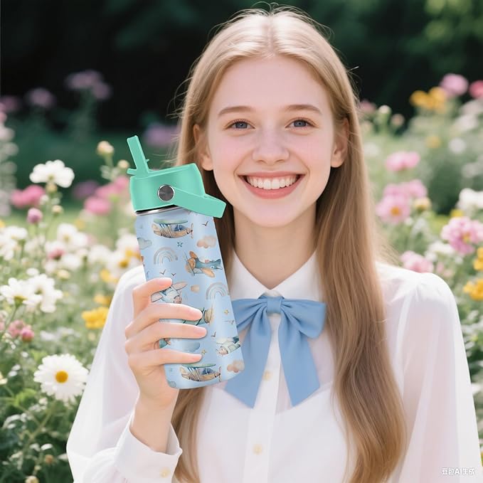 Airplane Gifts - 16oz Kids Blue Airplane Water Bottle with Straw Lid, Stainless Steel Insulated Tumbler, Leakproof, BPA-Free, for Boys, School, Travel - Helicopter Pilot Lovers Birthday Gift Cup (1pc)