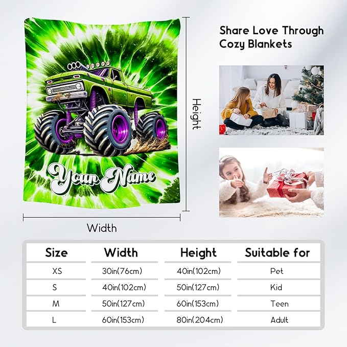 UNIKITTY Boys Blanket Gifts, Personalized Truck Blanket for Kids, Tie Dye Fuzzy Throw for Truck Lovers, Custom Throw with Name (4 Sizes)