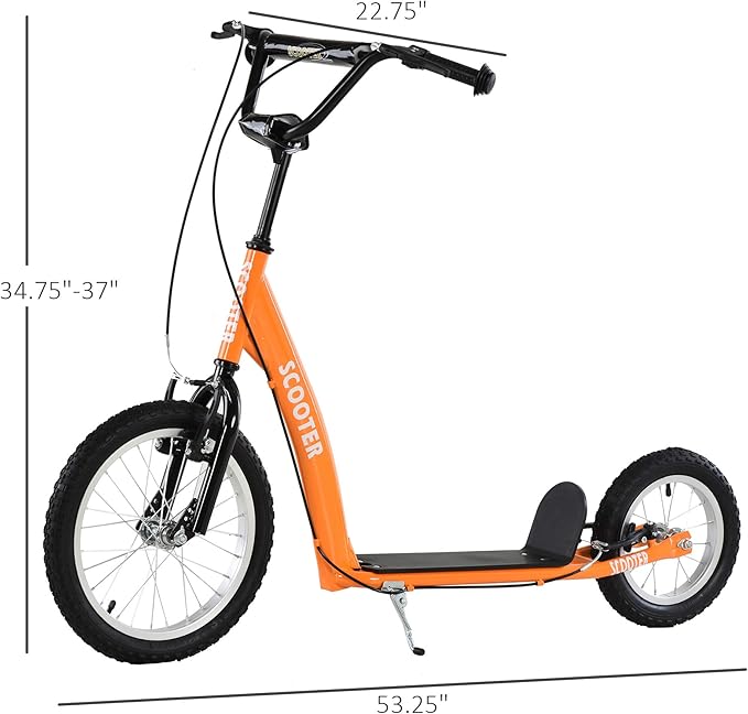 Aosom Youth Scooter Kick Scooter for Kids 5+ with Adjustable Handlebar 16" Front and 12" Rear Dual Brakes Inflatable Wheels