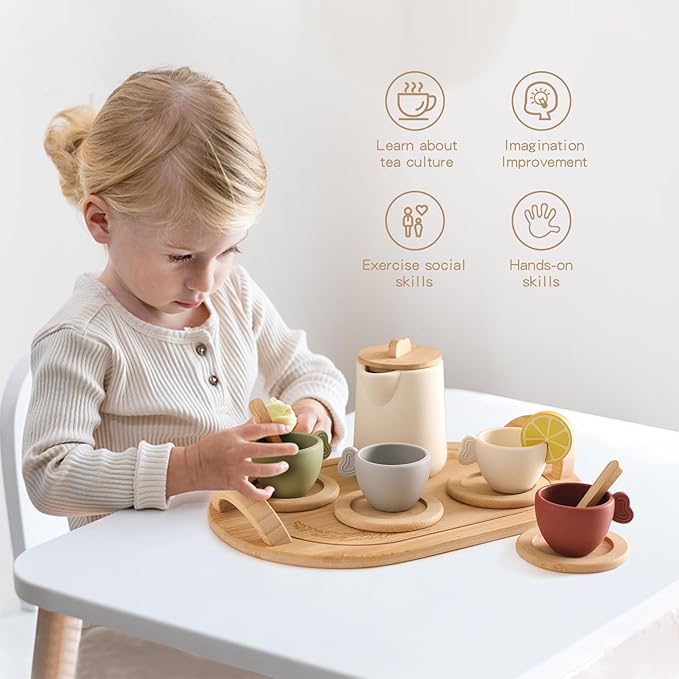 Youuys Wooden Tea Party Set for Toddler 3-5,Kids Tea Sets for Little Girls 4-6, 14pcs Silicone Kitchen Accessories, Pretend Play Montessori Toys with Tray for 3 4 5 6 Year Old Birthday
