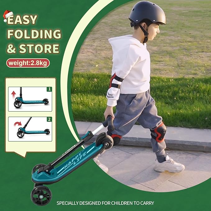 Besrey Kick Scooter for Kids Ages 3-10, 3-Wheel Folding Scooter with Adjustable Height, LED Light Wheels, Extra Wide Deck for Outdoor Activities