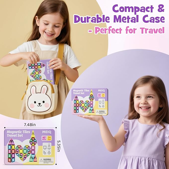 42-Piece Mini Magnetic Tiles Travel Set with Metal Storage Box - Portable STEM Building Blocks for Kids Ages 3-8, Montessori Educational Toys for Airplane & Car Rides, Gift for Boys & Girls