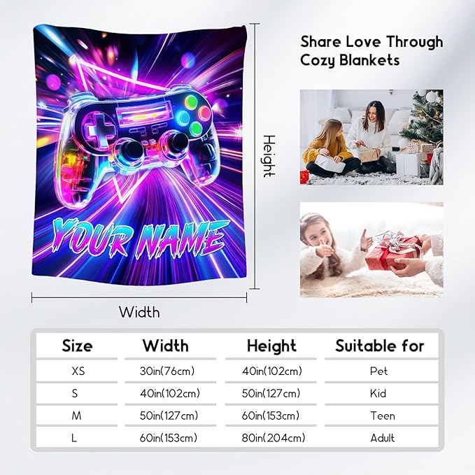 Gaming Blanket for Boys - Personalized Gamer Gifts for Kids, 30"x40" Video Game Throw for Teen Child - Custom Boys Bedroom Decor with Name