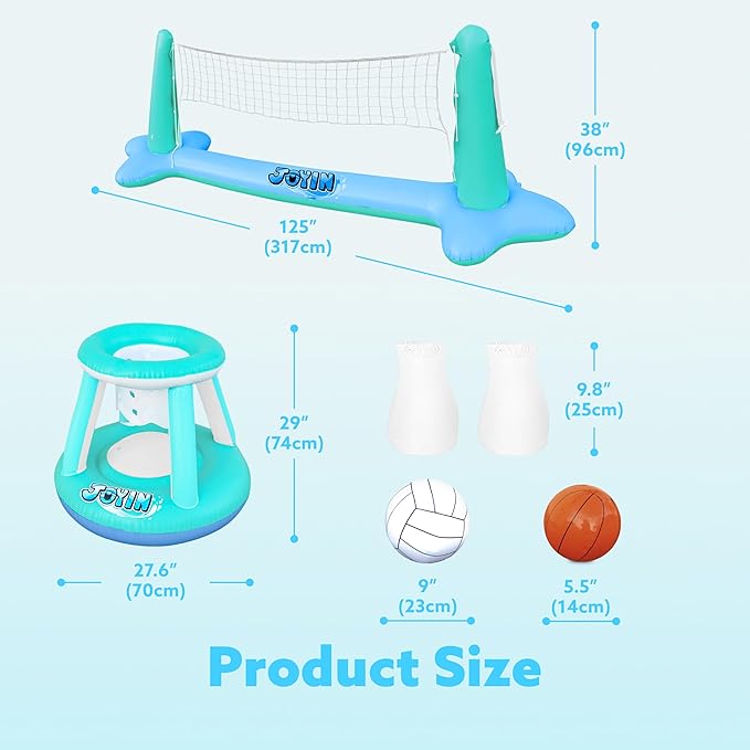 JOYIN XL Inflatable Pool Float Set, 125'' Volleyball Net & Basketball Hoops, Extra Large Floating Swimming Game Toy for Kids and Adults, Summer Floaties, Volleyball Court|Basketball, XL-Blue, Cyan