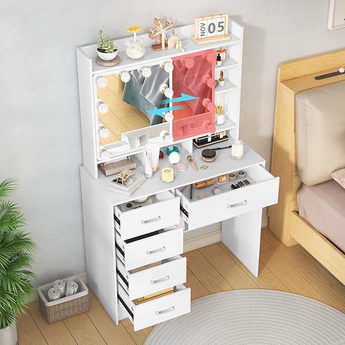 Small Vanity Desk with Sliding Mirror and Lights, White Makeup Vanity Desk with 3-Color Light Adjustable Brightness, 4 Drawers & Open Shelves, Vanity Desk for Bedroom, Girls & Women H3325