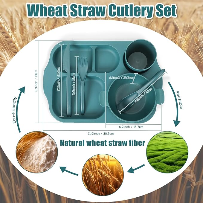 24 PCS Wheat Straw Dinnerware Set for Kids Toddler Plate Bowl Cup Set Unbreakable BPA-Free Tableware with Divided Plate Microwave Dishwasher Safe Perfect for Home School Picnics