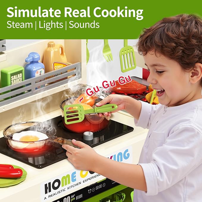 Kids Kitchen Playset, Play Kitchen with Electric Stove, Grill, Sink, Play Food, ToyKitchen Accessories, Kitchen Interactive Play with Lights Sound Steam, Cooking Toys for Toddler Kid Gifts
