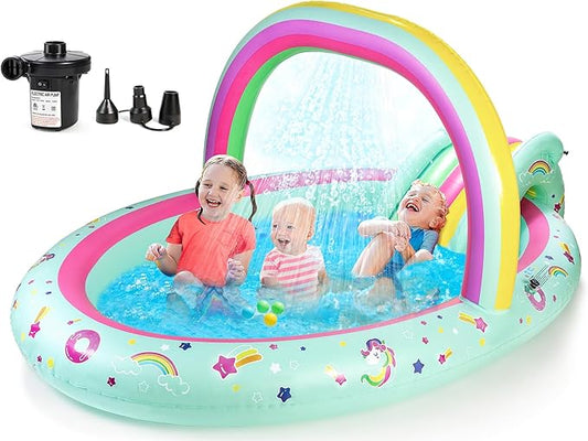 SULIFEEL Rainbow Unicorn Inflatable Play Center Kiddie Pool with Slide and Sprinkler for Children, 96''x59''x39''in Baby Pool for Backyard and Garden, Free Inflatable Pump