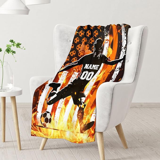 Personalized Soccer Blankets for Boys Men, Cool Throw Blanket for Adults Soccer Lovers, Custom Name 60x80 Soft Throws for Couch Sofa
