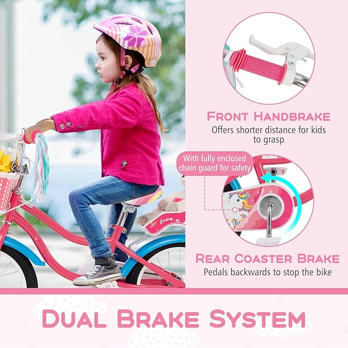 BABY JOY Kids Bike, 12 14 16 18 Inch Children Bicycle w/Detachable Training Wheels, Storage Basket, Adjustable Seat & Handlebar, Bow or Streamer, Girls Bike for 3-8 Years Old