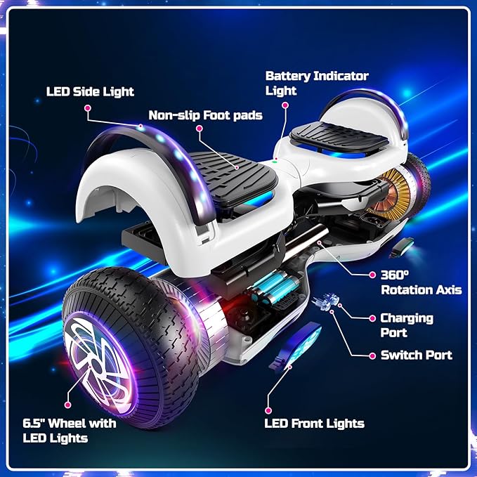Scooter with Seat Attachment for Kids Adults, 6.5'' 8.5''Balancing Scooter with Bluetooth Speakers & Colorful LED Light with Kart