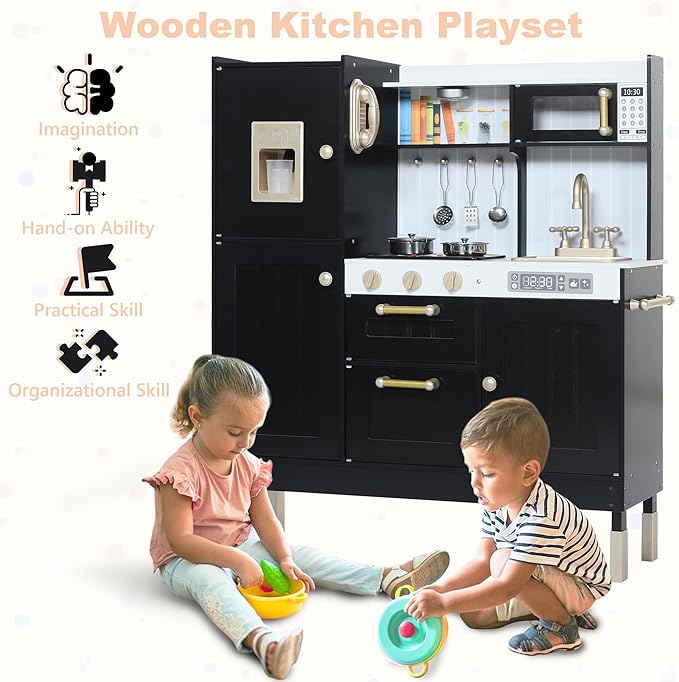 Play Kitchen for Kids, Wooden Kids Kitchen Playset with Realistic Sounds, Children Pretend Toy Kitchen Playset w/Stove, Oven & Ice Maker, Little Chef Play Kitchen for Girls and Boys, Black