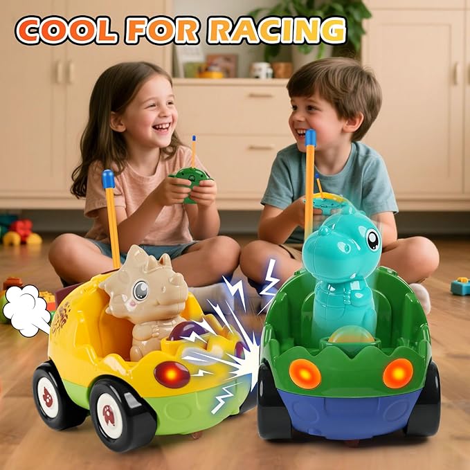 2-Pack Remote Control Dinosaur Toy Car for Kids - Birthday Gifts for Boys Toddlers Ages 18+ Months, 2 3 4 5 Year Old, Dino RC Vehicle with Lights and Music