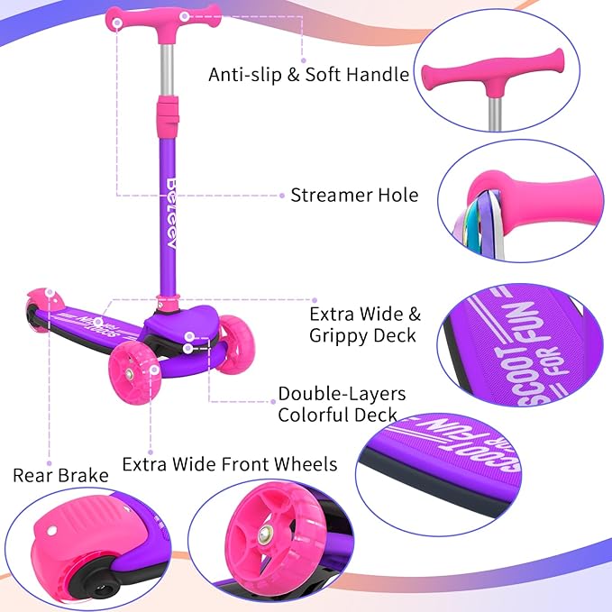 BELEEV A8 Scooter for Kids Ages 3-12, 3 Wheel Folding Scooter for Toddlers Girls Boys, LED Light-Up Wheels, 4 Adjustable Height, Lean to Steer, Extra Wide Wheels, Three Wheel Kick Scooter for Children