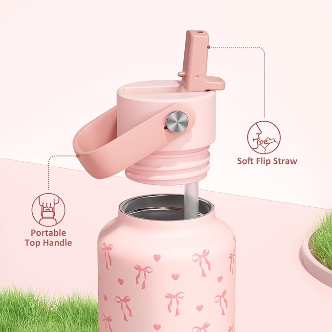 POWCAN 18 oz Insulated Water Bottle: Leakproof, Cup Holder Friendly, Standard Mouth, Top Handle, Double Walled Stainless Steel Water Bottle for Girl, Student, School, Bag, Camping (Sweetheart Bow)