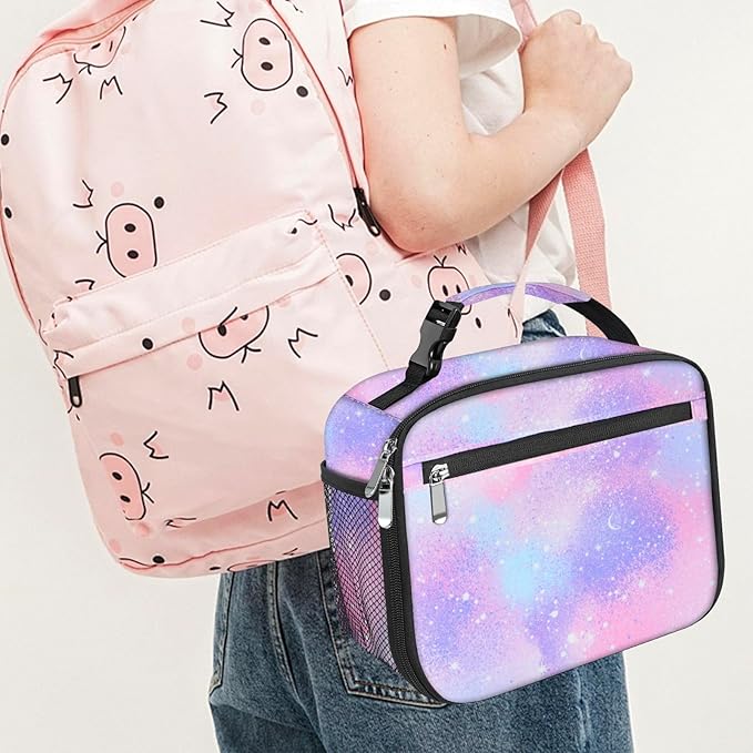 Kids Lunch Box for Boys Girls Lunch Bag Insulated Durable Lunchbox Children Lunch Tote Bag for School Pink Starry Sky