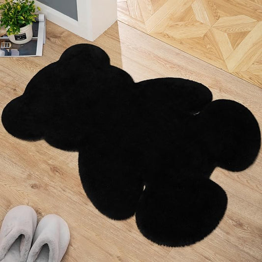 3x3.9ft Black Small Bear Shaggy Rug, Soft Fluffy Faux Sheepskin Fur Rug Fuzzy Shag Area Rug Cute Plush Carpet for Nursery Kids Girls Bedroom Room Aesthetic Living Room Floor Home Decor, Black