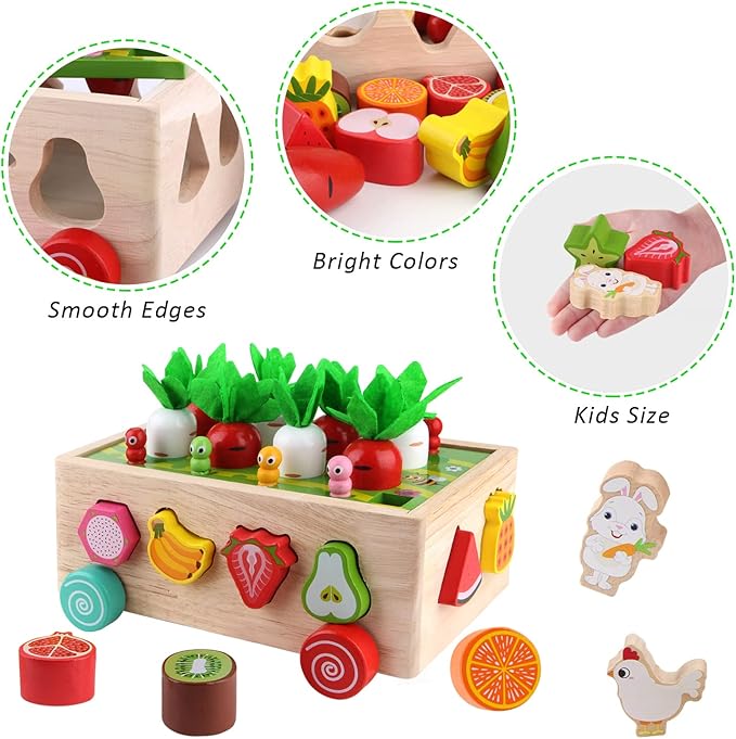 SKYFIELD Montessori Wooden Garden Toy for Baby Boys Girls 1 2 3 Years Old, Fine Motor Skills Developmental Gift Toy Color Shape Fruit Sorting Orchard Cart Farm Game for Toddler 1-3