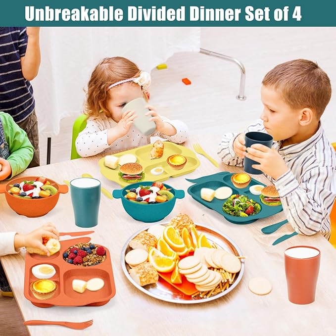 24 PCS Wheat Straw Dinnerware Set for Kids Toddler Plate Bowl Cup Set Unbreakable BPA-Free Tableware with Divided Plate Microwave Dishwasher Safe Perfect for Home School Picnics