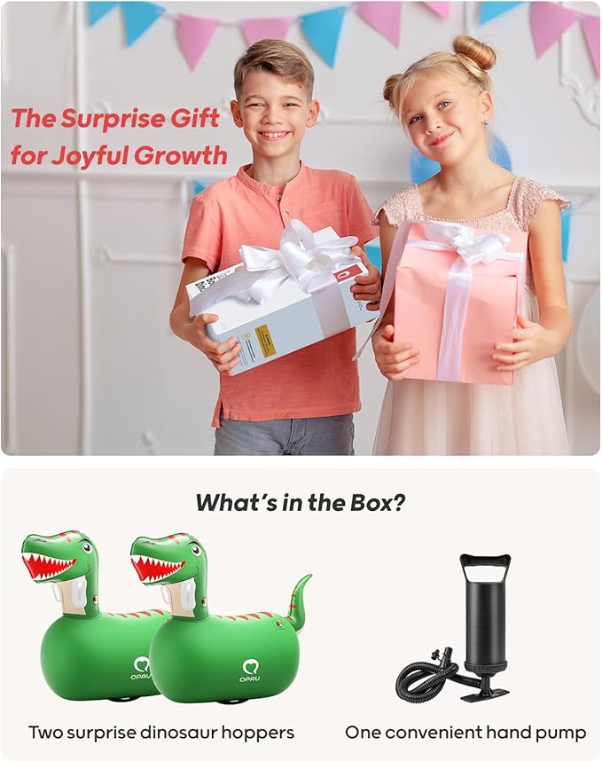 QPAU Inflatable Bouncy Dinosaur Toys 2 PCS with Hand Pump, Heavy Duty Giant Bouncy Pal, 220lbs Load Capacity, Ride On Bouncy Animal Hopper Toy, Indoor Outdoor Bouncers for Kids Girls Boys Ages 5+