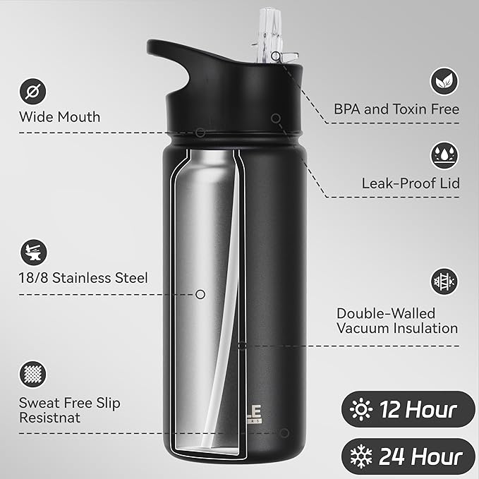 HASLE OUTFITTERS Insulated Water Bottle 16 oz Double Wall Vacuum Stainless Steel Water Bottle Leak Proof Wide Mouth with Straw Lid & Spout Lid Keeps Cold and Hot(Black,1pack)