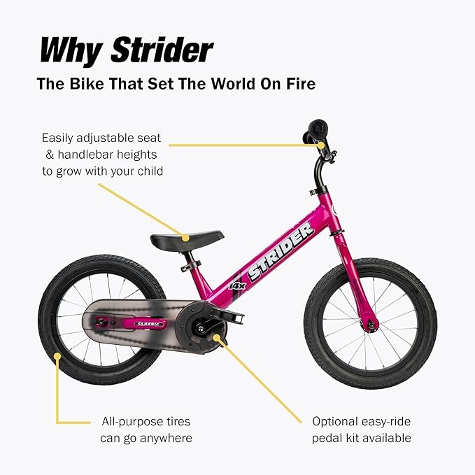 Strider 14x, Balance Bike for Kids 3 to 6 Years - Includes Custom Grips, Padded Seat, Performance Footrest & All-Purpose Tires - Easy Assembly & Adjustments