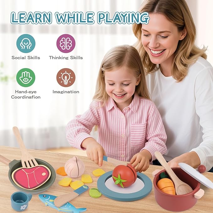 Wooden Play Kitchen Accessories - Pretend Play Food for Toddlers with Dishes Pots & Pans for 3 Year Old, Cutting Fruits Vegetables Toys Birthday Xmas Stocking Stuffers Gifts for Boys Girls 4 5 6