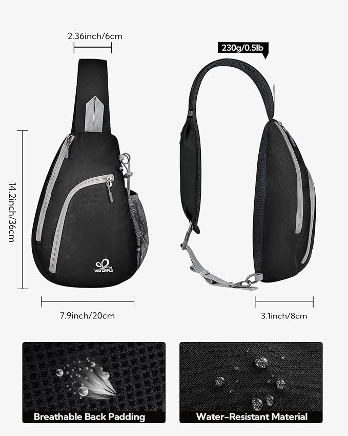 WATERFLY Crossbody Sling Bag Small Water Resistant Backpack Lightweight Shoulder Chest Daypack for Men Women Hiking Travel