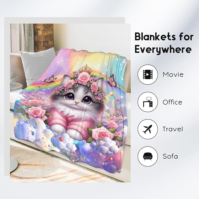 Kids Blankets Blanket with Cat - 40x50 Inches Cozy Soft Flannel Throw Gifts for Couch, Bedroom