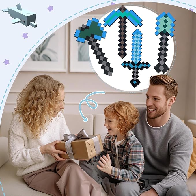 QRT 4 Pack EVA Foam Sword, Axe, Pickaxe and Shovel, Kids Role Play Toys for Halloween, Cosplay Video Game Parties (Blue Four Piece Set)