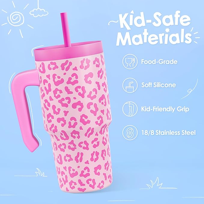 Leopard Print Kid 20oz Tumbler with Handle and Silicone Straw Lid, Insulated Stainless Steel Cup, Gift for Kids Girls, Gifts Idea for Birthday Christmas Back to School