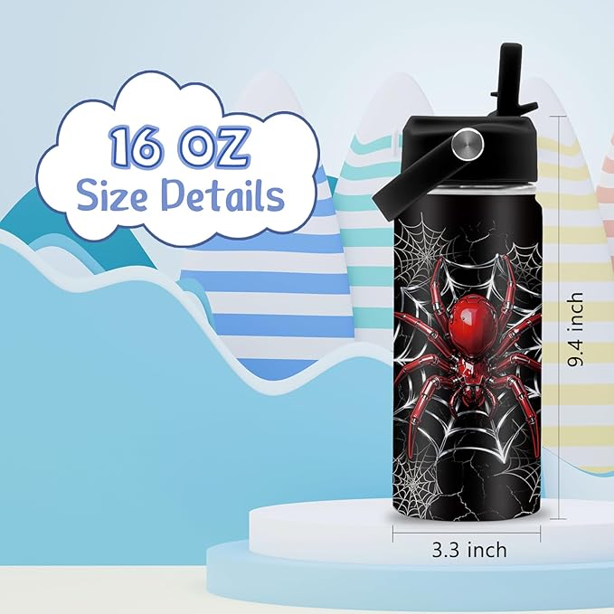 Spider Gifts for Boy, 16 oz Water Bottles with Straw Lid, Spiders Webs Stainless Steel Insulated Water Bottle, Spider Cup Gifts for Birthday Christmas