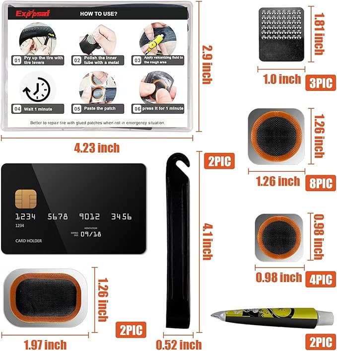 Bike Tire Repair Kit, Bicycle Inner Tube Puncture Patch Kits with Vulcanizing Patches, User Manual, Metal Rasp and Tire Lever, Bike Patch Kit for Mountain and Road Bike