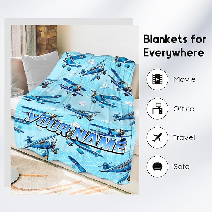 Personalized Blanket for Kids Airplane Gifts for Boys - Custom Soft Warm Fleece Throws with Name for Toddler (4 Sizes)