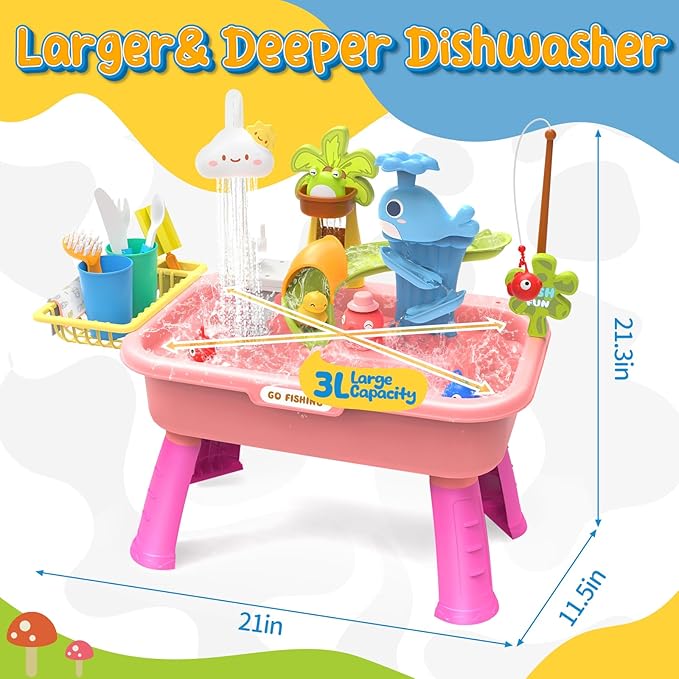 21" H Play Sink with Running Water, 4-in-1 Kids Kitchen Sink Toy with Electric Faucet, Mini Water Table with Detachable Legs, Fishing Game, Pretend Play Dishwasher Gift Set for Boys & Girls(Pink)