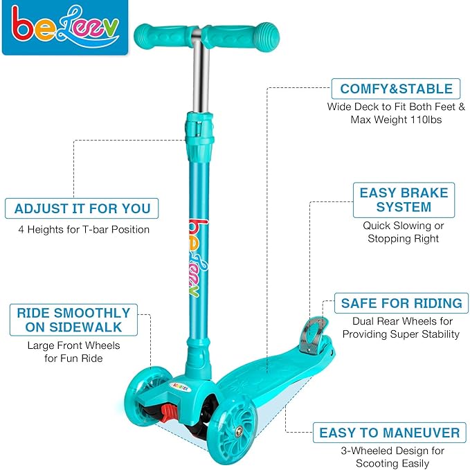 BELEEV Scooters for Kids 3 Wheel Kick Scooter for Toddlers Girls Boys, 4 Adjustable Height, Lean to Steer, Light up Wheels, Extra-Wide Deck, Easy to Assemble for Children Ages 3-12 (Rose Pink)